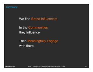 ENTERPRISE




                We ﬁnd Brand Inﬂuencers

                In the Communities 
                they Inﬂuence

                Then Meaningfully Engage
                with them   




PeopleBrowsr
        Kred | Playground | API | Enterprise Services | Labs
                                                                        
   10
 