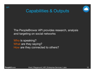 API

                   Capabilities & Outputs



          The PeopleBrowsr API provides research, analysis
          and targeting on social networks

          Who is speaking?
          What are they saying?
          How are they connected to others?




PeopleBrowsr
        Kred | Playground | API | Enterprise Services | Labs
                                                                        
   10
                                                                             0
                                                                             
 