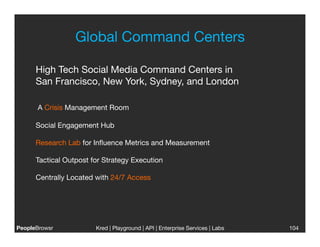 Global Command Centers

      High Tech Social Media Command Centers in
      San Francisco, New York, Sydney, and London

       A Crisis Management Room

      Social Engagement Hub

      Research Lab for Inﬂuence Metrics and Measurement

      Tactical Outpost for Strategy Execution

      Centrally Located with 24/7 Access 




PeopleBrowsr
           Kred | Playground | API | Enterprise Services | Labs
                                                                           
   104
 