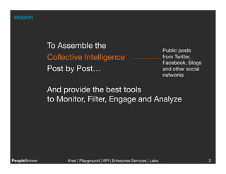 MISSION




                To Assemble the
                                             Public posts
                Collective Intelligence
                                     from Twitter,
                                                                             Facebook, Blogs
                Post by Post…                                                and other social
                                                                             networks


                And provide the best tools
                to Monitor, Filter, Engage and Analyze




PeopleBrowsr
         Kred | Playground | API | Enterprise Services | Labs
                                                                         
                      3
                                                                                                
 