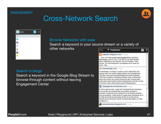 ENGAGEMENT

                    Cross-Network Search
                                       

                        Browse Networks with ease
                        Search a keyword in your source stream or a variety of 
                        other networks




     Search in blogs
     Search a keyword in the Google Blog Stream to 
     browse through content without leaving 
     Engagement Center




PeopleBrowsr
          Kred | Playground | API | Enterprise Services | Labs
                                                                          
        47
 