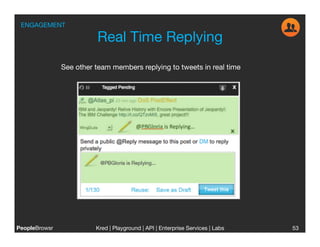ENGAGEMENT

                           Real Time Replying 

                See other team members replying to tweets in real time




PeopleBrowsr
             Kred | Playground | API | Enterprise Services | Labs
                                                                             
   53
 