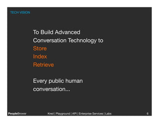 TECH VISION




                To Build Advanced
                Conversation Technology to 
                Store
                Index
                Retrieve 

                Every public human
                conversation... 



PeopleBrowsr
        Kred | Playground | API | Enterprise Services | Labs
                                                                        
   6
                                                                            
 