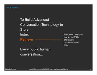 TECH VISION




                To Build Advanced
                Conversation Technology to 
                Store
                Index
                     Fast, sub 1 second,
                                           thanks to SSDs,
                Retrieve 
                 affordable
                                                                    processors and
                                                                    ﬁber

                Every public human
                conversation... 



PeopleBrowsr
         Kred | Playground | API | Enterprise Services | Labs
                                                                         
           9
                                                                                     
 