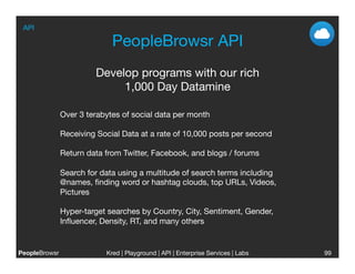 API

                          PeopleBrowsr API
                     Develop programs with our rich 
                          1,000 Day Datamine

            Over 3 terabytes of social data per month

            Receiving Social Data at a rate of 10,000 posts per second 

            Return data from Twitter, Facebook, and blogs / forums 

            Search for data using a multitude of search terms including
            @names, ﬁnding word or hashtag clouds, top URLs, Videos,
            Pictures

            Hyper-target searches by Country, City, Sentiment, Gender,
            Inﬂuencer, Density, RT, and many others


PeopleBrowsr
           Kred | Playground | API | Enterprise Services | Labs
                                                                           
   99
 