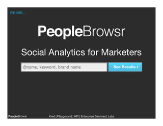 WE ARE...




        Social Analytics for Marketers




PeopleBrowsr
   Kred | Playground | API | Enterprise Services | Labs
                                                                   
 