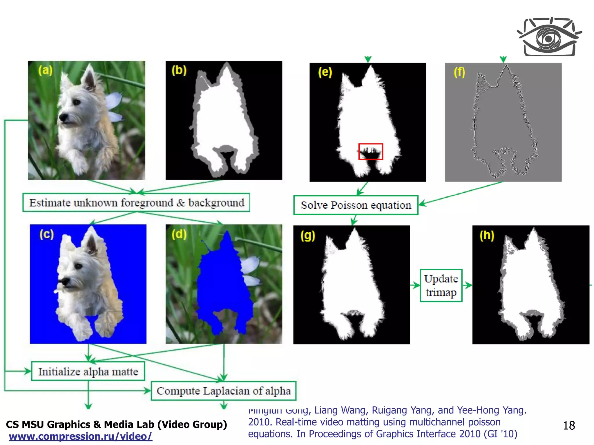 CS MSU Graphics & Media Lab (Video Group)
www.compression.ru/video/
Only for
Maxus 
18
Minglun Gong, Liang Wang, Ruigang Yang, and Yee-Hong Yang.
2010. Real-time video matting using multichannel poisson
equations. In Proceedings of Graphics Interface 2010 (GI '10)
 