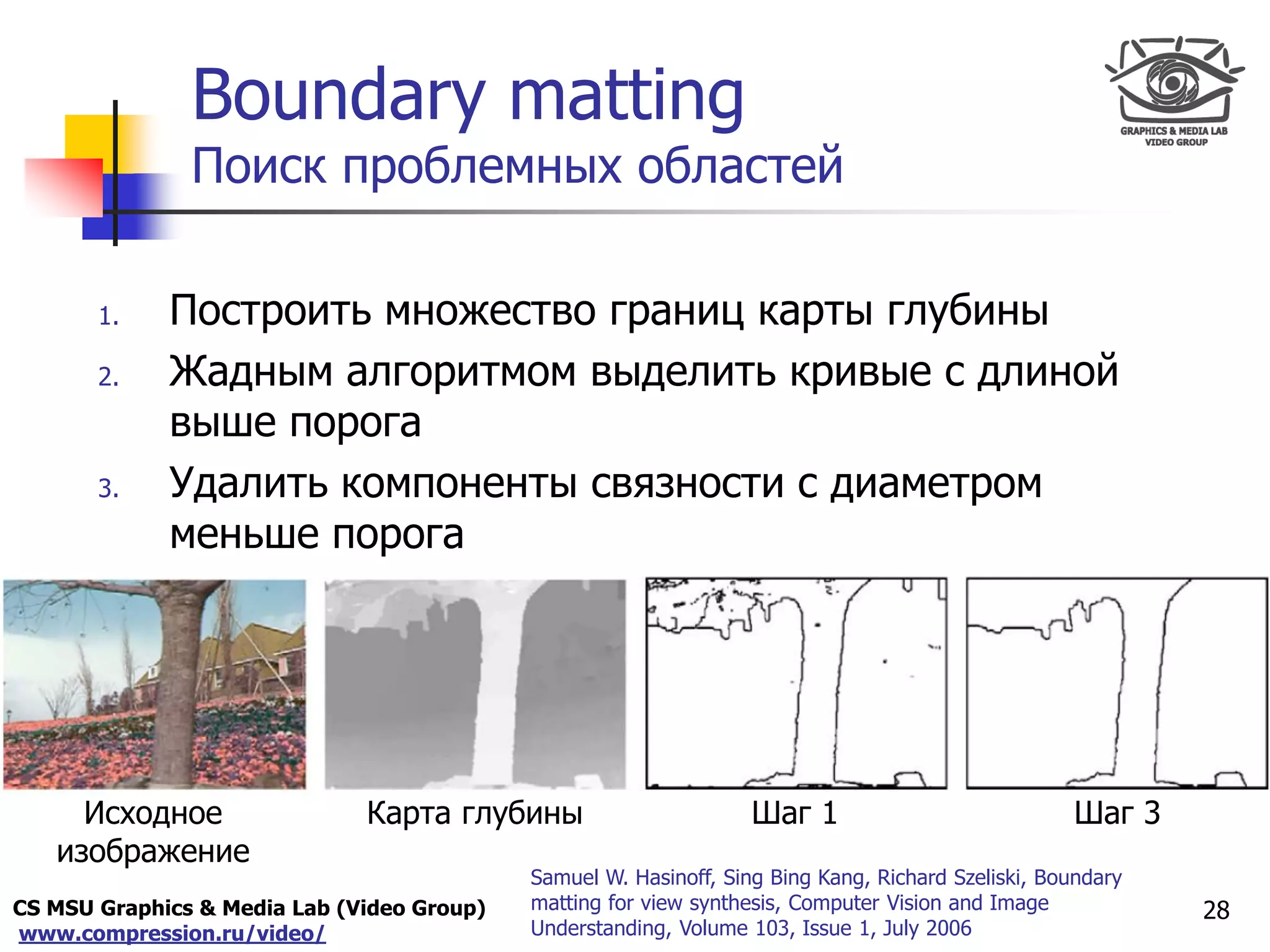 CS MSU Graphics & Media Lab (Video Group)
www.compression.ru/video/
Only for
Maxus 
Boundary matting
Поиск проблемных областей
1. Построить множество границ карты глубины
2. Жадным алгоритмом выделить кривые с длиной
выше порога
3. Удалить компоненты связности с диаметром
меньше порога
28
Исходное
изображение
Карта глубины Шаг 1 Шаг 3
Samuel W. Hasinoff, Sing Bing Kang, Richard Szeliski, Boundary
matting for view synthesis, Computer Vision and Image
Understanding, Volume 103, Issue 1, July 2006
 