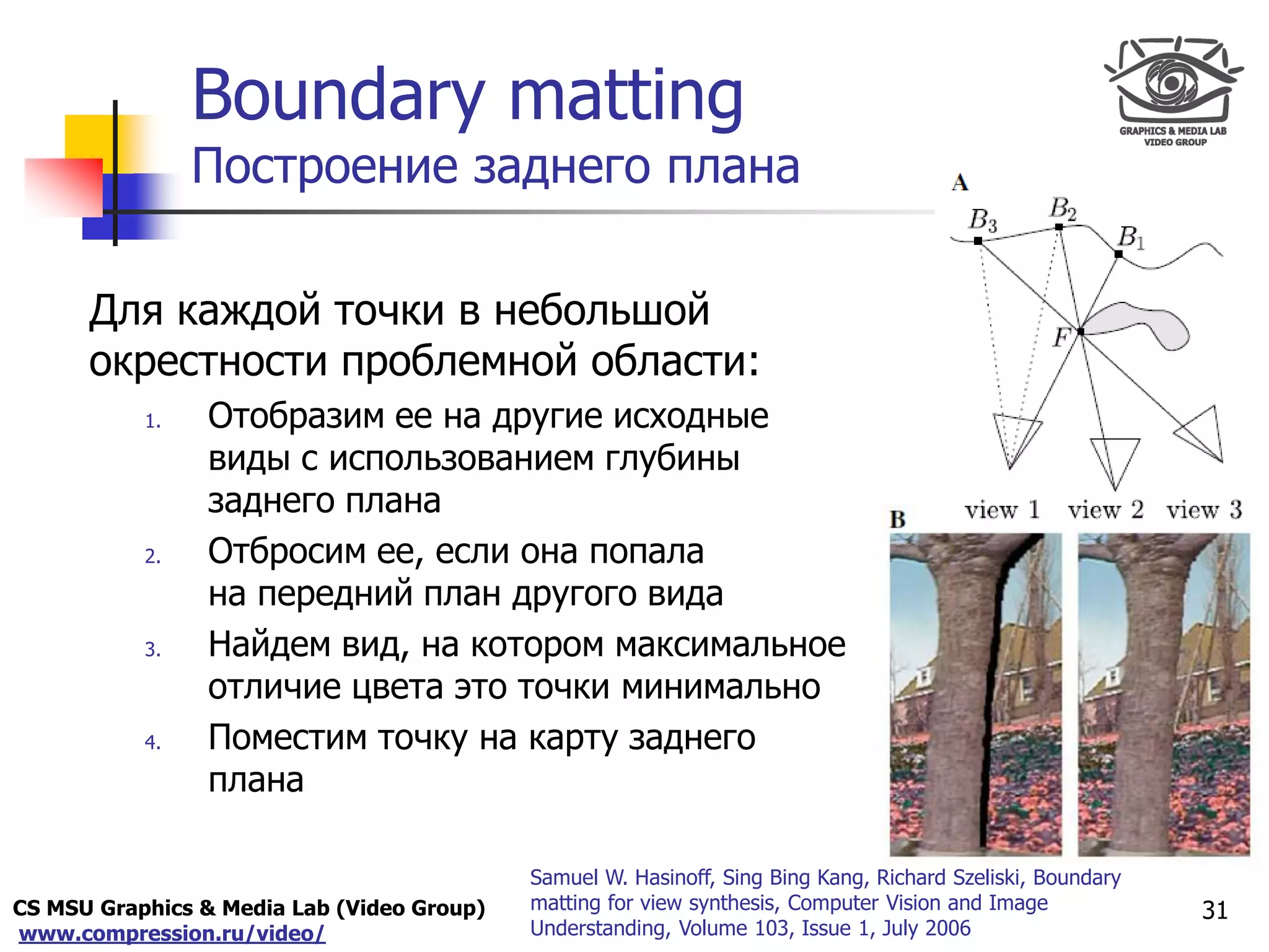 CS MSU Graphics & Media Lab (Video Group)
www.compression.ru/video/
Only for
Maxus 
Boundary matting
Построение заднего плана
Для каждой точки в небольшой
окрестности проблемной области:
1. Отобразим ее на другие исходные
виды с использованием глубины
заднего плана
2. Отбросим ее, если она попала
на передний план другого вида
3. Найдем вид, на котором максимальное
отличие цвета это точки минимально
4. Поместим точку на карту заднего
плана
31
Samuel W. Hasinoff, Sing Bing Kang, Richard Szeliski, Boundary
matting for view synthesis, Computer Vision and Image
Understanding, Volume 103, Issue 1, July 2006
 