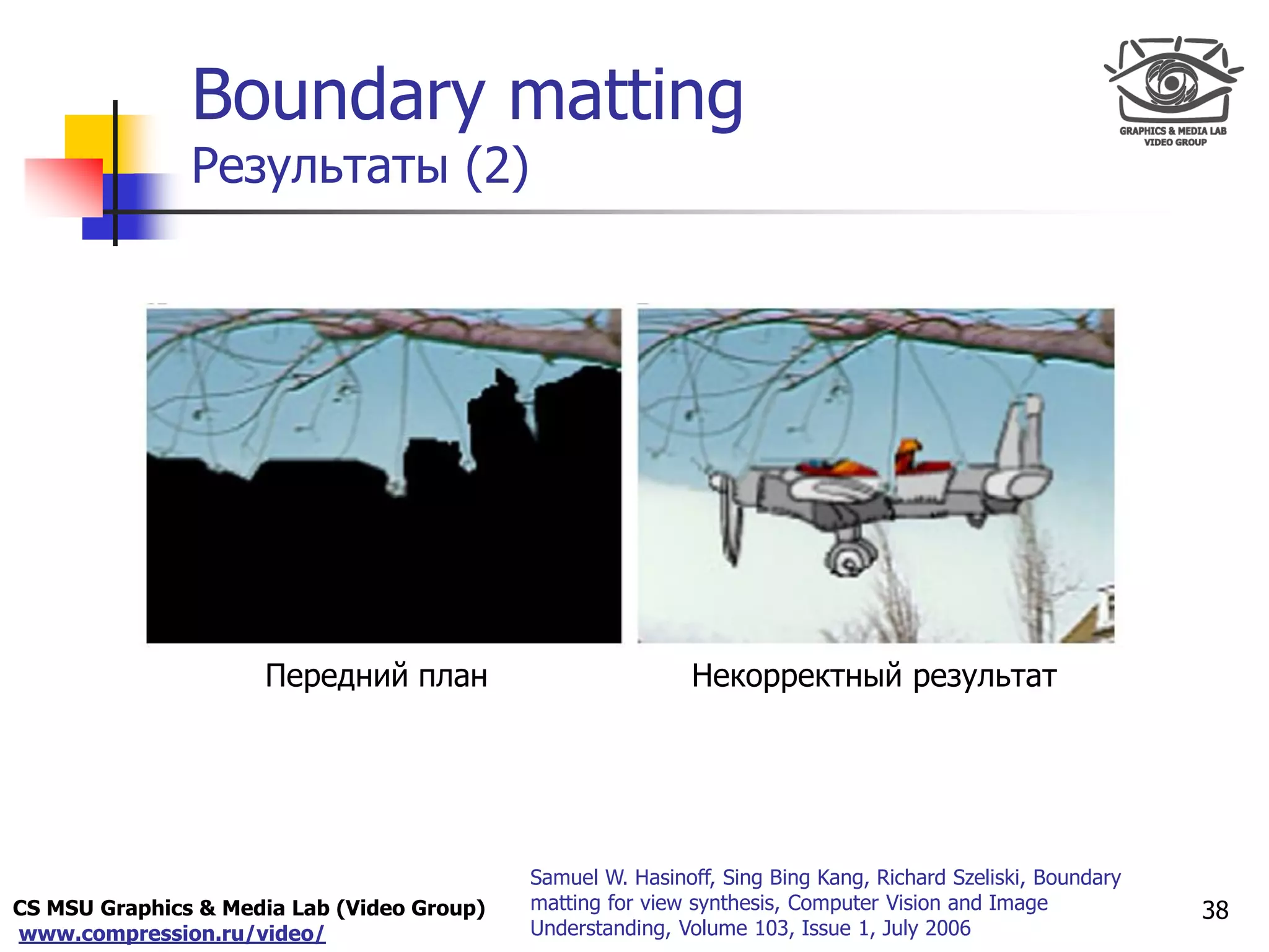 CS MSU Graphics & Media Lab (Video Group)
www.compression.ru/video/
Only for
Maxus 
Boundary matting
Результаты (2)
38
Передний план Некорректный результат
Samuel W. Hasinoff, Sing Bing Kang, Richard Szeliski, Boundary
matting for view synthesis, Computer Vision and Image
Understanding, Volume 103, Issue 1, July 2006
 
