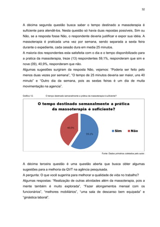 32
A décima segunda questão busca saber o tempo destinado a massoterapia é
suficiente para atendê-los. Nesta questão só havia duas repostas possíveis, Sim ou
Não, se a resposta fosse Não, o respondente deveria justificar e expor sua idéia. A
massoterapia é praticada uma vez por semana, sendo separada a sexta feira
durante o expediente, cada cessão dura em media 25 minutos.
A maioria dos respondentes esta satisfeita com o dia e o tempo disponibilizado para
a pratica da massoterapia, treze (13) respondentes 59,1%, responderam que sim e
nove (09), 40,9%, responderam que não.
Algumas sugestões surgiram da resposta Não, vejamos: “Poderia ser feito pelo
menos duas vezes por semana”, “O tempo de 25 minutos deveria ser maior, uns 40
minuto” e “Outro dia da semana, pois as sextas feiras é um dia de muita
movimentação na agencia”.
Gráfico 12. O tempo destinado semanalmente a prática da massoterapia é suficiente?
Fonte: Dados primários coletados pelo autor.
A décima terceira questão é uma questão aberta que busca obter algumas
sugestões para a melhoria da QVT na agência pesquisada.
A pergunta: O que você sugeriria para melhorar a qualidade de vida no trabalho?
Algumas respostas: “Realização de outras atividades além da massoterapia, pois a
mente também é muito explorada”, “Fazer alongamentos mensal com os
funcionários”, “melhores mobiliários”, “uma sala de descanso bem equipada” e
“ginástica laboral”.
 