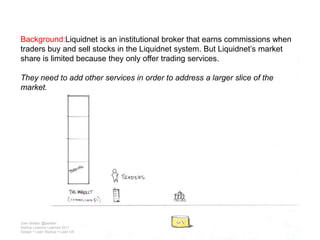 Background:Liquidnet is an institutional broker that earns commissions when traders buy and sell stocks in the Liquidnet system. But Liquidnet’s market share is limited because they only offer trading services. They need to add other services in order to address a larger slice of the market.Josh Seiden @jseidenStartup Lessons Learned 2011Design + Lean Startup = Lean UX