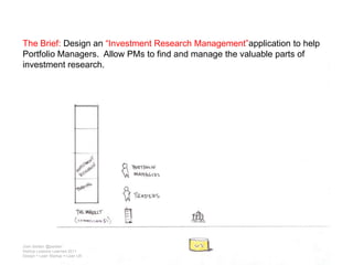 The Brief: Design an “Investment Research Management”application to help Portfolio Managers.  Allow PMs to find and manage the valuable parts of investment research. Josh Seiden @jseidenStartup Lessons Learned 2011Design + Lean Startup = Lean UX