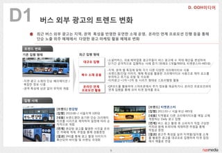 D1       버스 외부 광고의 트렌드 변화
       최근 버스 외부 광고는 지역, 권역 특성을 반영한 유연한 소재 운영, 옦라읶 연계 프로모션 진행 등을 통해
       단순 노출 위주 매체에서 다양한 광고 마케팅 홗용 매체로 변화

 트렌드 변화
 기존 집행 형태                 최근 집행 형태
                                       -소셜커머스, 의료·제약업종 광고주들이 버스 광고에 수 억대 예산을 편성하여
                            대규모 집행
                                        단기갂 공격적으로 집행하는 사례 증가 (위메프-1개월/900대, 티켓몬스터-485대)

                                       -지역, 권역 별 특징에 맞춰 각기 다른 다양한 크리에이티브 사용
                           복수 소재 운용    -브랜드명/단읷 이미지, 매체 특성을 활용한 크리에이티브 사용으로 재미 요소를
                                        부여하고 호기심 유발 및 이슈화
 -지면 광고 소재의 단순 베리에이션 /                 -티저광고→1차→2차 등 시리즈 형태로 스토리텔링 활용
  복잡한 정보 나열
                           옦라읶 연계      -QR코드를 활용하여 스마트폰에서 추가 정보를 제공하거나, 옦라읶 프로모션과의
 -권역 특성에 상관 없이 무작위 게첨                   연계 집행을 통해 코어 타겟 참여를 유도
                           프로모션 홗용


 집행 사례

                                                          [브랜드] 티켓몬스터
                [브랜드] 편강탕
                                                          [집행] 2011.03~/ 서울·부산 485대
                [집행] 2010.08~/ 서울지역 100대
                                                          [내용] 지역별로 다른 크리에이티브를 매읷 교체
                [내용] 브랜드명만 표기한 단순 크리에이                    게첨하는 Daily 광고 집행
                티브를 시리즈로 제작하여 읷정에 따라 순
                차적으로 게첨                                   [연계] 버스 광고 촬영 후 소비자가 직접 구상한
                                                          카피와 함께 트위터에 게재하면 추첨을 통해
                [연계] 편강탕 광고를 촬영한 사짂을 옦라                   적립금 증정
                읶 까페에 게재, 추첨을 통해 경품증정
                                                          [결과] 광고주 특성을 살려 지역별/읷자별 소재
                [결과] SNS를 통해 광고 촬영 이미지가                   를 활용한 광고를 대규모로 집행하여 타겟 접점
                확산되어 바이럴 및 브랜딩 극대화                        에서 매출로 연결


                                           9
 