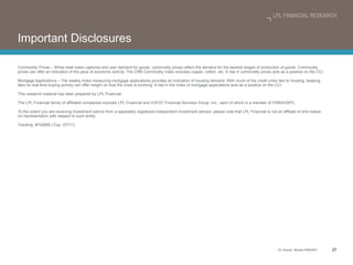 Important Disclosures Commodity Prices – While retail sales captures end user demand for goods, commodity prices reflect the demand for the earliest stages of production of goods. Commodity prices can offer an indication of the pace of economic activity. The CRB Commodity Index includes copper, cotton, etc. A rise in commodity prices acts as a positive on the CCI. Mortgage Applications – The weekly index measuring mortgage applications provides an indication of housing demand. With much of the credit crisis tied to housing, keeping tabs on real-time buying activity can offer insight on how the crisis is evolving. A rise in the index of mortgage applications acts as a positive on the CCI. This research material has been prepared by LPL Financial. The LPL Financial family of affiliated companies includes LPL Financial and UVEST Financial Services Group, Inc., each of which is a member of FINRA/SIPC. To the extent you are receiving investment advice from a separately registered independent investment advisor, please note that LPL Financial is not an affiliate of and makes no representation with respect to such entity. Tracking  #742885 | Exp. (07/11) 