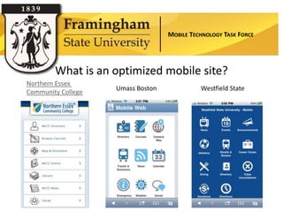 MOBILE TECHNOLOGY TASK FORCE




        What is an optimized mobile site?
Northern Essex
                    Umass Boston             Westfield State
Community College
 