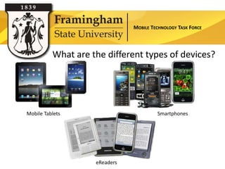 MOBILE TECHNOLOGY TASK FORCE




          What are the different types of devices?




Mobile Tablets                          Smartphones




                    eReaders
 