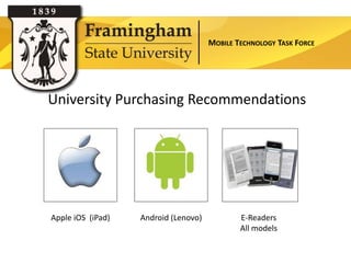 MOBILE TECHNOLOGY TASK FORCE




University Purchasing Recommendations

                   Section Title

Apple iOS (iPad)    Android (Lenovo)           E-Readers
                                               All models
 