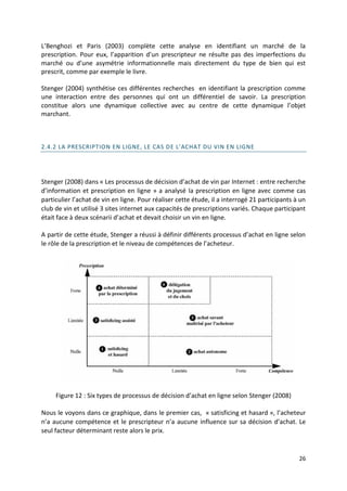 L’Benghozi et Paris (2003) complète cette analyse en identifiant un marché de la
prescription. Pour eux, l’apparition d’un prescripteur ne résulte pas des imperfections du
marché ou d’une asymétrie informationnelle mais directement du type de bien qui est
prescrit, comme par exemple le livre.

Stenger (2004) synthétise ces différentes recherches en identifiant la prescription comme
une interaction entre des personnes qui ont un différentiel de savoir. La prescription
constitue alors une dynamique collective avec au centre de cette dynamique l’objet
marchant.



2.4.2 LA PRESCRIPTION EN LIGNE, LE CAS DE L’ACHAT DU VIN EN LIGNE




Stenger (2008) dans « Les processus de décision d’achat de vin par Internet : entre recherche
d’information et prescription en ligne » a analysé la prescription en ligne avec comme cas
particulier l’achat de vin en ligne. Pour réaliser cette étude, il a interrogé 21 participants à un
club de vin et utilisé 3 sites internet aux capacités de prescriptions variés. Chaque participant
était face à deux scénarii d’achat et devait choisir un vin en ligne.

A partir de cette étude, Stenger a réussi à définir différents processus d’achat en ligne selon
le rôle de la prescription et le niveau de compétences de l’acheteur.




     Figure 12 : Six types de processus de décision d’achat en ligne selon Stenger (2008)

Nous le voyons dans ce graphique, dans le premier cas, « satisficing et hasard », l’acheteur
n’a aucune compétence et le prescripteur n’a aucune influence sur sa décision d’achat. Le
seul facteur déterminant reste alors le prix.


                                                                                                26
 