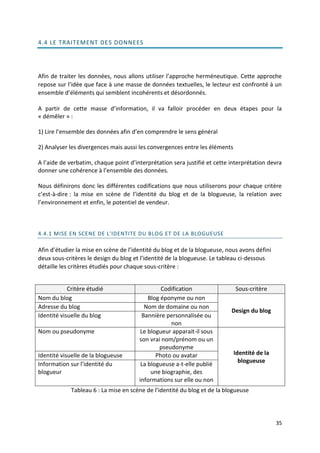 4.4 LE TRAITEMENT DE S DONNEES




Afin de traiter les données, nous allons utiliser l’approche herméneutique. Cette approche
repose sur l’idée que face à une masse de données textuelles, le lecteur est confronté à un
ensemble d’éléments qui semblent incohérents et désordonnés.

A partir de cette masse d’information, il va falloir procéder en deux étapes pour la
« démêler » :

1) Lire l’ensemble des données afin d’en comprendre le sens général

2) Analyser les divergences mais aussi les convergences entre les éléments

A l’aide de verbatim, chaque point d’interprétation sera justifié et cette interprétation devra
donner une cohérence à l’ensemble des données.

Nous définirons donc les différentes codifications que nous utiliserons pour chaque critère
c’est-à-dire : la mise en scène de l’identité du blog et de la blogueuse, la relation avec
l’environnement et enfin, le potentiel de vendeur.



4.4.1 MISE EN SCENE DE L'IDENTITE DU BLOG ET DE LA BLOGUEUSE

Afin d’étudier la mise en scène de l’identité du blog et de la blogueuse, nous avons défini
deux sous-critères le design du blog et l’identité de la blogueuse. Le tableau ci-dessous
détaille les critères étudiés pour chaque sous-critère :


            Critère étudié                      Codification                 Sous-critère
Nom du blog                                Blog éponyme ou non
Adresse du blog                          Nom de domaine ou non
                                                                           Design du blog
Identité visuelle du blog               Bannière personnalisée ou
                                                   non
Nom ou pseudonyme                       Le blogueur apparait-il sous
                                       son vrai nom/prénom ou un
                                               pseudonyme
Identité visuelle de la blogueuse             Photo ou avatar                Identité de la
                                                                               blogueuse
Information sur l’identité du           La blogueuse a-t-elle publié
blogueur                                    une biographie, des
                                       informations sur elle ou non
             Tableau 6 : La mise en scène de l’identité du blog et de la blogueuse




                                                                                              35
 