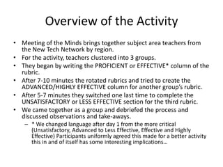 Overview of the ActivityMeeting of the Minds brings together subject area teachers from the New Tech Network by region.For the activity, teachers clustered into 3 groups.They began by writing the PROFICIENT or EFFECTIVE* column of the rubric.After 7-10 minutes the rotated rubrics and tried to create the ADVANCED/HIGHLY EFFECTIVE column for another group’s rubric.After 5-7 minutes they switched one last time to complete the UNSATISFACTORY or LESS EFFECTIVE section for the third rubric. We came together as a group and debriefed the process and discussed observations and take-aways.* We changed language after day 1 from the more critical (Unsatisfactory, Advanced to Less Effective, Effective and Highly Effective) Participants uniformly agreed this made for a better activity this in and of itself has some interesting implications…