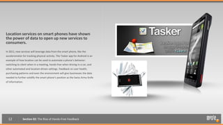 Location services on smart phones have shown
the power of data to open up new services to
consumers.
In 2011, new services will leverage data from the smart phone, like the
accelerometer for tracking physical activity. The Tasker app for Android is an
example of how location can be used to automate a phone’s behavior:
switching to silent when in a meeting, hands-free when driving in a car, and
other automated and location-driven settings. Feedback on user health,
purchasing patterns and even the environment will give businesses the data
needed to further solidify the smart phone’s position as the Swiss Army Knife
of information.




  12           Section 02: The Rise of Hands-Free Feedback
 