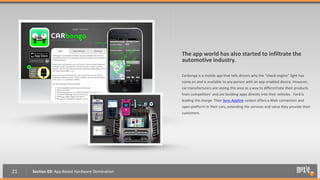 The app world has also started to infiltrate the
                                                 automotive industry.

                                                 Carbonga is a mobile app that tells drivers why the “check engine” light has
                                                 come on and is available to any person with an app-enabled device. However,
                                                 car manufacturers are seeing this area as a way to differentiate their products
                                                 from competitors’ and are building apps directly into their vehicles. Ford is
                                                 leading the charge. Their Sync Applink system offers a Web connection and
                                                 open platform in their cars, extending the services and value they provide their
                                                 customers.




21   Section 03: App Based Hardware Domination
 