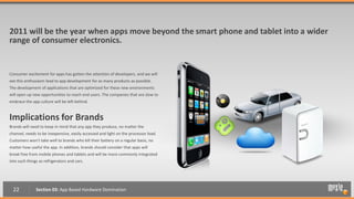 2011 will be the year when apps move beyond the smart phone and tablet into a wider
range of consumer electronics.


Consumer excitement for apps has gotten the attention of developers, and we will
see this enthusiasm lead to app development for as many products as possible.
The development of applications that are optimized for these new environments
will open up new opportunities to reach end users. The companies that are slow to
embrace the app culture will be left behind.


Implications for Brands
Brands will need to keep in mind that any app they produce, no matter the
channel, needs to be inexpensive, easily accessed and light on the processor load.
Customers won’t take well to brands who kill their battery on a regular basis, no
matter how useful the app. In addition, brands should consider that apps will
break free from mobile phones and tablets and will be more commonly integrated
into such things as refrigerators and cars.




  22           Section 03: App Based Hardware Domination
 