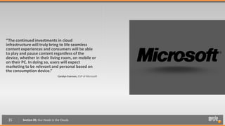 “The continued investments in cloud
infrastructure will truly bring to life seamless
content experiences and consumers will be able
to play and pause content regardless of the
device, whether in their living room, on mobile or
on their PC. In doing so, users will expect
marketing to be relevant and personal based on
the consumption device.”
                                   Carolyn Everson, CVP of Microsoft




 35      Section 05: Our Heads in the Clouds
 