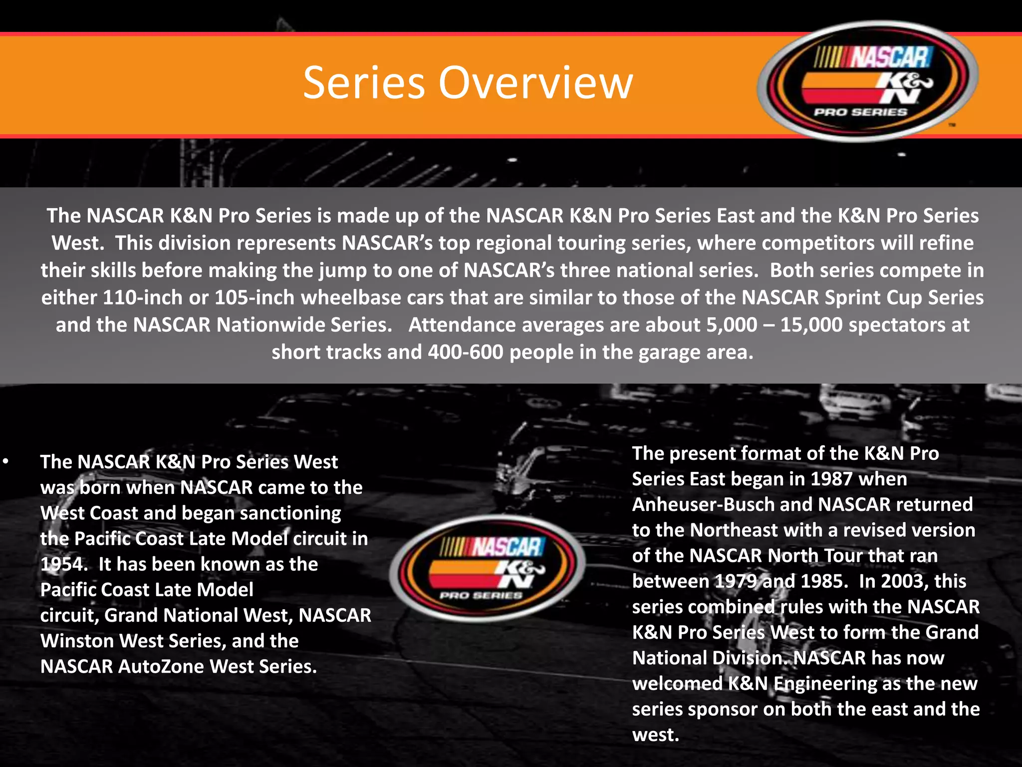 Series Overview

     The NASCAR K&N Pro Series is made up of the NASCAR K&N Pro Series East and the K&N Pro Series
     West. This division represents NASCAR’s top regional touring series, where competitors will refine
    their skills before making the jump to one of NASCAR’s three national series. Both series compete in
    either 110-inch or 105-inch wheelbase cars that are similar to those of the NASCAR Sprint Cup Series
      and the NASCAR Nationwide Series. Attendance averages are about 5,000 – 15,000 spectators at
                             short tracks and 400-600 people in the garage area.



•   The NASCAR K&N Pro Series West                                The present format of the K&N Pro
    was born when NASCAR came to the                              Series East began in 1987 when
    West Coast and began sanctioning                              Anheuser-Busch and NASCAR returned
    the Pacific Coast Late Model circuit in                       to the Northeast with a revised version
    1954. It has been known as the                                of the NASCAR North Tour that ran
    Pacific Coast Late Model                                      between 1979 and 1985. In 2003, this
    circuit, Grand National West, NASCAR                          series combined rules with the NASCAR
    Winston West Series, and the                                  K&N Pro Series West to form the Grand
    NASCAR AutoZone West Series.                                  National Division. NASCAR has now
                                                                  welcomed K&N Engineering as the new
                                                                  series sponsor on both the east and the
                                                                  west.
 