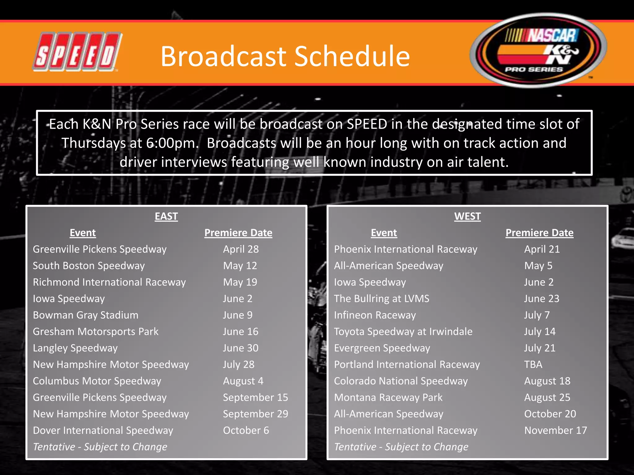 Broadcast Schedule
   Each K&N Pro Series race will be broadcast on SPEED in the designated time slot of
     Thursdays at 6:00pm. Broadcasts will be an hour long with on track action and
             driver interviews featuring well known industry on air talent.


                       EAST                                                WEST
        Event                    Premiere Date             Event                    Premiere Date
Greenville Pickens Speedway         April 28       Phoenix International Raceway       April 21
South Boston Speedway               May 12         All-American Speedway               May 5
Richmond International Raceway      May 19         Iowa Speedway                       June 2
Iowa Speedway                       June 2         The Bullring at LVMS                June 23
Bowman Gray Stadium                 June 9         Infineon Raceway                    July 7
Gresham Motorsports Park            June 16        Toyota Speedway at Irwindale        July 14
Langley Speedway                    June 30        Evergreen Speedway                  July 21
New Hampshire Motor Speedway        July 28        Portland International Raceway      TBA
Columbus Motor Speedway             August 4       Colorado National Speedway          August 18
Greenville Pickens Speedway         September 15   Montana Raceway Park                August 25
New Hampshire Motor Speedway        September 29   All-American Speedway               October 20
Dover International Speedway        October 6      Phoenix International Raceway       November 17
Tentative - Subject to Change                      Tentative - Subject to Change
 