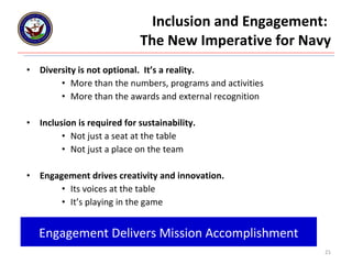 Inclusion and Engagement:  The New Imperative for Navy Diversity is not optional.  It’s a reality. More than the numbers, programs and activities More than the awards and external recognition  Inclusion is required for sustainability. Not just a seat at the table Not just a place on the team Engagement drives creativity and innovation. Its voices at the table It’s playing in the game Engagement Delivers Mission Accomplishment 