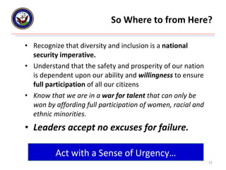 So Where to from Here? Recognize that diversity and inclusion is a  national security imperative. Understand that the safety and prosperity of our nation is dependent upon our ability and  willingness  to ensure  full participation  of all our citizens Know that we are in a  war for talent  that can only be won by affording full participation of women, racial and ethnic minorities. Leaders accept no excuses for failure. Innovation Act with a Sense of Urgency… 