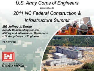U.S. Army Corps of Engineers
                              presentation to

             2011 NC Federal Construction &
                  Infrastructure Summit
MG Jeffrey J. Dorko
Deputy Commanding General
Military and International Operations
U.S. Army Corps of Engineers

20 OCT 2011




US Army Corps of Engineers
BUILDING STRONG®
 