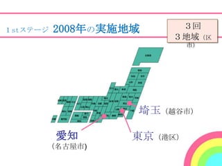 １stステージ   2008年の実施地域    ３回
                       ３地域（区
                            市）




                   埼玉（越谷市）

          愛知       東京（港区）
      （名古屋市)
 