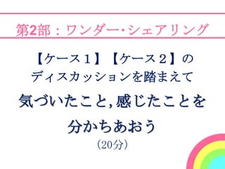 第2部：ワンダー･シェアリング

 【ケース１】【ケース２】の
 ディスカッションを踏まえて

気づいたこと,感じたことを
    分かちあおう
     （20分）
 