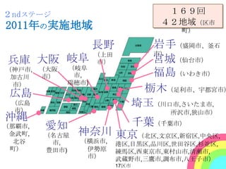 ２ndステージ                             １６９回
2011年の実施地域                         ４２地域（区市
                                      町）

                   長野             岩手（盛岡市、釜石
                   （上田            市）
兵庫 大阪 岐阜            市）            宮城（仙台市）
（神戸市, （大阪   （岐阜
 加古川  市）     市,                   福島（いわき市）
 市）         瑞穂市)
 広島                              栃木（足利市、宇都宮市）
 （広島                            埼玉（川口市,さいたま市,
  市）                                 所沢市,狭山市）
沖縄                   千葉（千葉市）
（那覇市,   愛知
 金武町,   （名古屋   神奈川 東京（北区,文京区,新宿区,中央区,
  北谷     市,    （横浜市,     港区,目黒区,品川区,世田谷区,杉並区,
 町）     豊田市)    伊勢原      練馬区,西東京市,東村山市,清瀬市,
                市）       武蔵野市,三鷹市,調布市,八王子市）
                         17区市
 