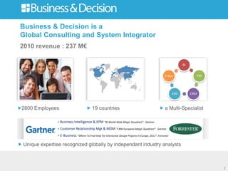 Business & Decision is a
Global Consulting and System Integrator
2010 revenue : 237 M€
a Multi-Specialist2800 Employees 19 countries
BI
PM
CRMEIM
E-bus
2
Unique expertise recognized globally by independant industry analysts
• Business Intelligence & EPM “BI World-Wide Magic Quadrant”. Gartner
• Customer Relationship Mgt & MDM “CRM European Magic Quadrant”. Gartner
• E-Business “Where To Find Help For Interactive Design Projects In Europe, 2011”. Forrester
 