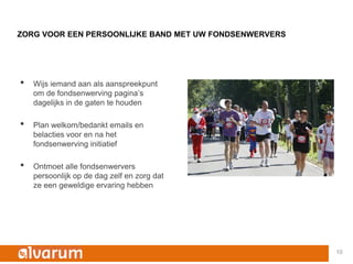 ZORG VOOR EEN PERSOONLIJKE BAND MET UW FONDSENWERVERS




•   Wijs iemand aan als aanspreekpunt
    om de fondsenwerving pagina’s
    dagelijks in de gaten te houden

•   Plan welkom/bedankt emails en
    belacties voor en na het
    fondsenwerving initiatief

•   Ontmoet alle fondsenwervers
    persoonlijk op de dag zelf en zorg dat
    ze een geweldige ervaring hebben




                                                        10
 