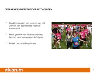 DEELNEMERS WERVEN VOOR UITDAGINGEN




•   Start 6 maanden van tevoren met het
    werven van deelnemers voor het
    evenement

•   Maak gebruik van Alvarum werving
    tips om meer deelnemers te krijgen

•   Betrek uw zakelijke partners




                                          8
 