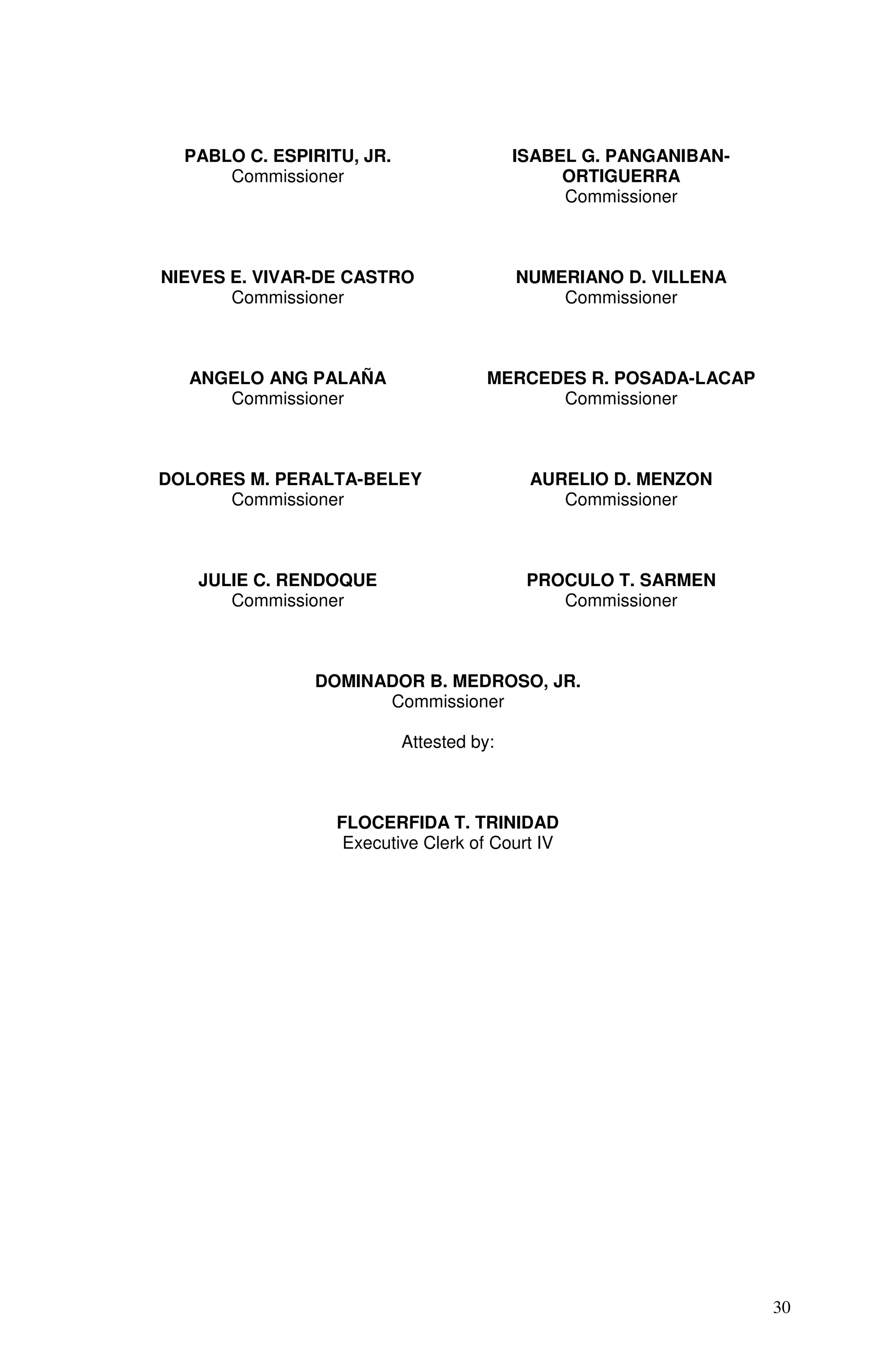 PABLO C. ESPIRITU, JR.                  ISABEL G. PANGANIBAN-
      Commissioner                             ORTIGUERRA
                                               Commissioner



NIEVES E. VIVAR-DE CASTRO                 NUMERIANO D. VILLENA
       Commissioner                           Commissioner



  ANGELO ANG PALAÑA                   MERCEDES R. POSADA-LACAP
     Commissioner                           Commissioner



DOLORES M. PERALTA-BELEY                   AURELIO D. MENZON
      Commissioner                            Commissioner



   JULIE C. RENDOQUE                       PROCULO T. SARMEN
      Commissioner                            Commissioner



               DOMINADOR B. MEDROSO, JR.
                     Commissioner

                           Attested by:



                  FLOCERFIDA T. TRINIDAD
                   Executive Clerk of Court IV




                                                                  30
 