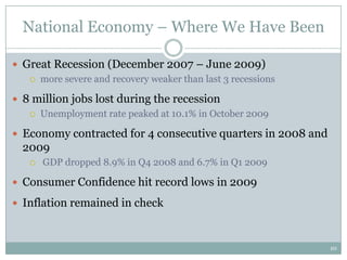 National Economy – Where We Have Been

 Great Recession (December 2007 – June 2009)
    more severe and recovery weaker than last 3 recessions


 8 million jobs lost during the recession
    Unemployment rate peaked at 10.1% in October 2009


 Economy contracted for 4 consecutive quarters in 2008 and
  2009
      GDP dropped 8.9% in Q4 2008 and 6.7% in Q1 2009

 Consumer Confidence hit record lows in 2009

 Inflation remained in check



                                                              10
 