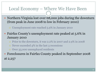 Local Economy – Where We Have Been
 Northern Virginia lost over 68,000 jobs during the downturn
  (from peak in June 2008 to low in February 2010)
      Unemployment rate reached 5.9% in January 2010

 Fairfax County’s unemployment rate peaked at 5.6% in
  January 2010
      Prior to the downturn, it was 2.2% in 2007 and 2.9% in 2008
      Never exceeded 4% in the last 3 recessions
      Over 33,000 unemployed residents
 Foreclosures in Fairfax County peaked in September 2008
at 2,257


                                                                     11
 
