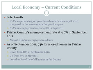 Local Economy – Current Conditions

 Job Growth
   NoVa. experiencing job growth each month since April 2010
    compared to the same month the previous year
   NoVa. unemployment rate at 4.8% in Sept 2011

 Fairfax County’s unemployment rate at 4.6% in September
  2011
     Almost 28,000 unemployed residents
 As of September 2011, 746 foreclosed homes in Fairfax
  County
     Down from 873 in September 2010
     Up from 670 in May 2011
     Less than ¼ of 1% of all homes in the County

                                                                13
 