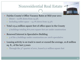 Nonresidential Real Estate

 Fairfax County’s Office Vacancy Rates at Mid-year 2011
     Direct – 12.8% down from 13.3%
     Including sublet space – 14.7% down from 15.3%

 Total 113.4 million square feet of office space in the County
     4 buildings totaling 870,000 square feet are under construction

 Renewed Interest in Speculative Building
     3 of the 4 buildings under construction are 100% speculative

 Leasing activity is on track to meet or exceed the average, 10.8 million
  sq. ft., of the last 5 years
     Through the 3rd quarter of 2011, leased 9.2 million square feet



                                                                             22
 