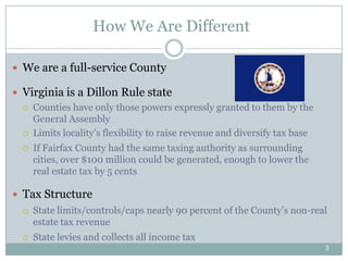 How We Are Different

 We are a full-service County

 Virginia is a Dillon Rule state
   Counties have only those powers expressly granted to them by the
    General Assembly
   Limits locality’s flexibility to raise revenue and diversify tax base

     If Fairfax County had the same taxing authority as surrounding
      cities, over $100 million could be generated, enough to lower the
      real estate tax by 5 cents

 Tax Structure
     State limits/controls/caps nearly 90 percent of the County’s non-real
      estate tax revenue
     State levies and collects all income tax
                                                                            3
 