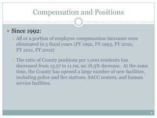 Compensation and Positions

 Since 1992:
   All or a portion of employee compensation increases were
    eliminated in 5 fiscal years (FY 1992, FY 1993, FY 2010,
    FY 2011, FY 2012)

     The ratio of County positions per 1,000 residents has
      decreased from 13.57 to 11.09, an 18.3% decrease. At the same
      time, the County has opened a large number of new facilities,
      including police and fire stations, SACC centers, and human
      service facilities.




                                                                      6
 
