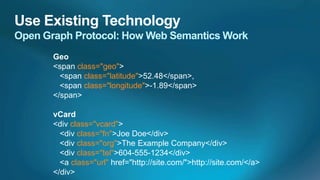 Geo
<span class="geo">
  <span class="latitude">52.48</span>,
  <span class="longitude">-1.89</span>
</span>

vCard
<div class="vcard">
  <div class="fn">Joe Doe</div>
  <div class="org">The Example Company</div>
  <div class="tel">604-555-1234</div>
  <a class="url" href="http://site.com/">http://site.com/</a>
</div>
 