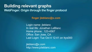 finger jleblanc@x.com

Login name: jleblanc
In real life: Jonathan LeBlanc
Home phone: 123-4567
Office: San Jose, CA
Last Login: Tue Oct 4 12:41 on ttys000

jleblanc@x.com
http://www.jcleblanc.com
 