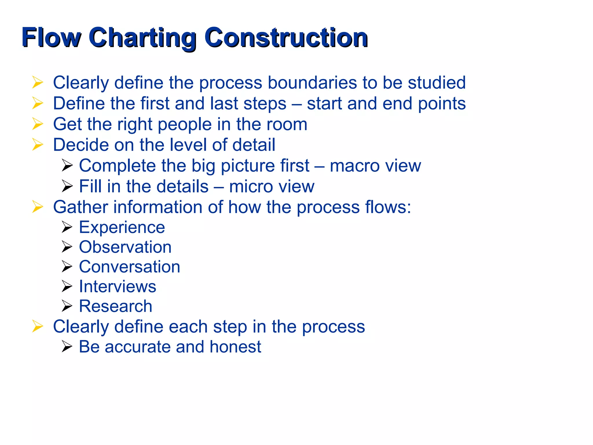 Flow Charting Construction Clearly define the process boundaries to be studied Define the first and last steps – start and end points Get the right people in the room Decide on the level of detail Complete the big picture first – macro view Fill in the details – micro view Gather information of how the process flows: Experience Observation Conversation Interviews Research Clearly define each step in the process Be accurate and honest  